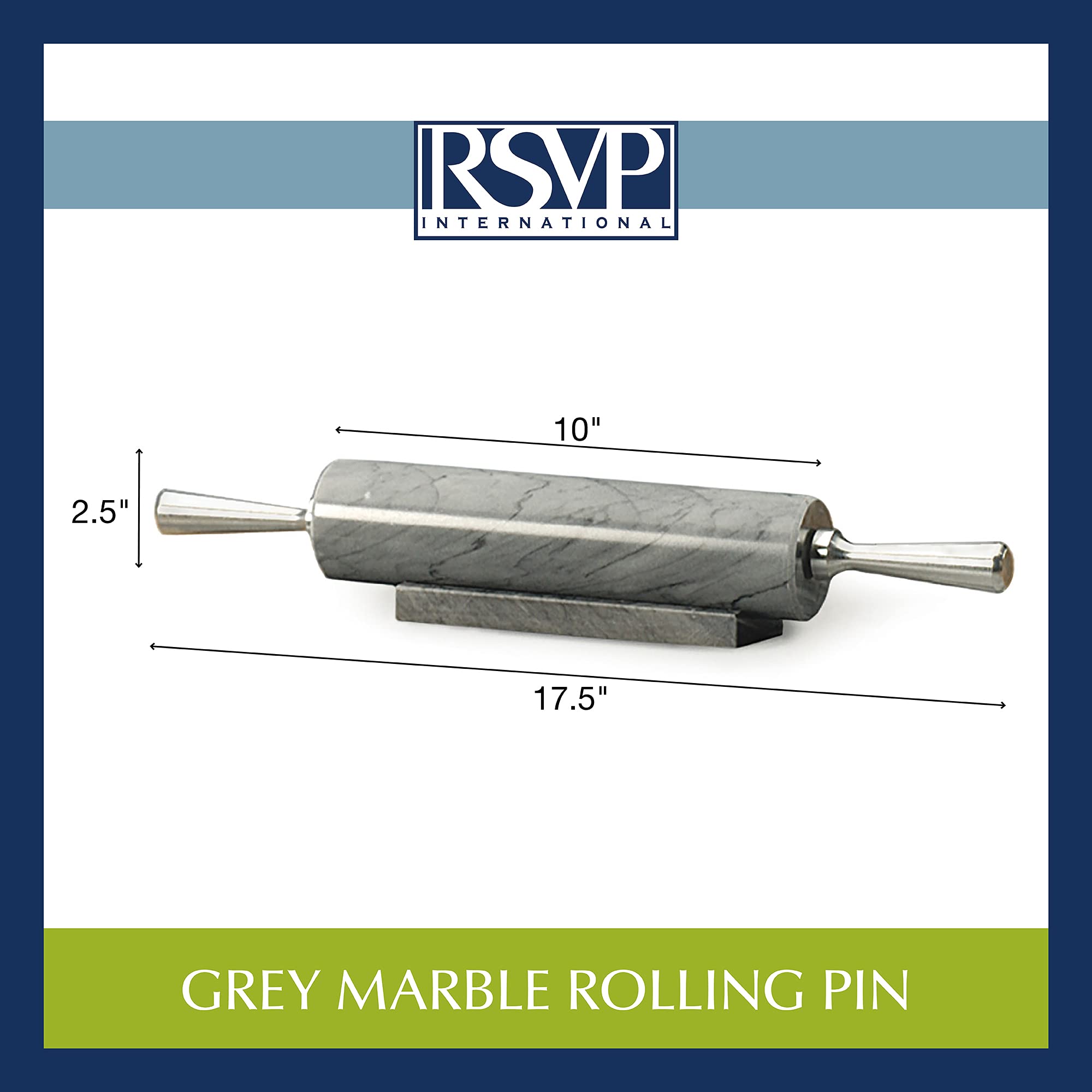 RSVP International Rodillo de mármol gris para hornear y soporte, 10 pulgadas | diseñado para mantener la masa de pastelería fría | fondant, corteza de pasteles, galletas, pasteles, pasta, masa de pizza, galletas