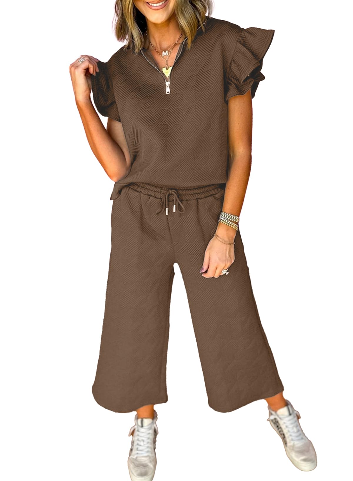 SHEWIN 2 Piece Sets Outfits for Women V Neck Collared Ruffle Short Sleeve Polo Shirts Quarter Zip Pullover Tops Lounge Set