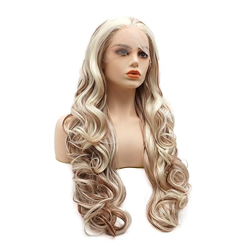 Miniatura 2 de Peluca de cabello sintético con encaje frontal, ondulado, largo, de 26 pulgadas, mezcla de castaño rojizo, densidad pesada, resistente al calor,