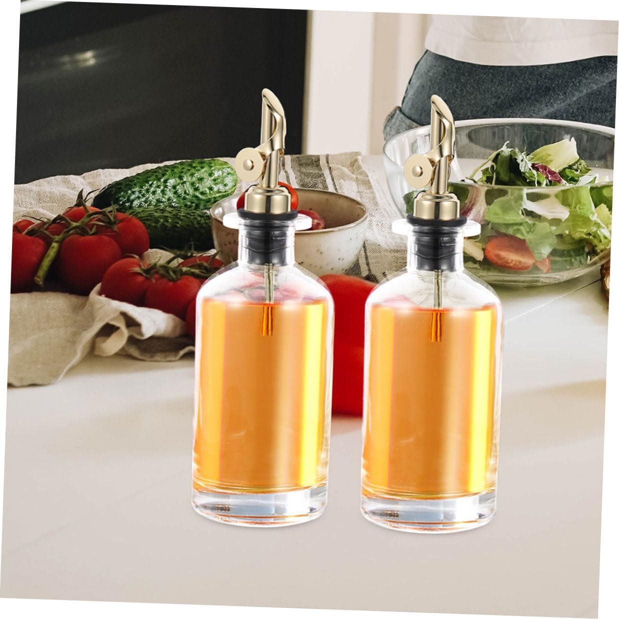 Angoily Automatic Open Close Oil Dispenser Bottle Set, 500ml Glass Olive Oil and Soy Sauce Container with Pour Control, Kitchen Seasoning Holder for Cooking, 2pcs with Protective Foam Box