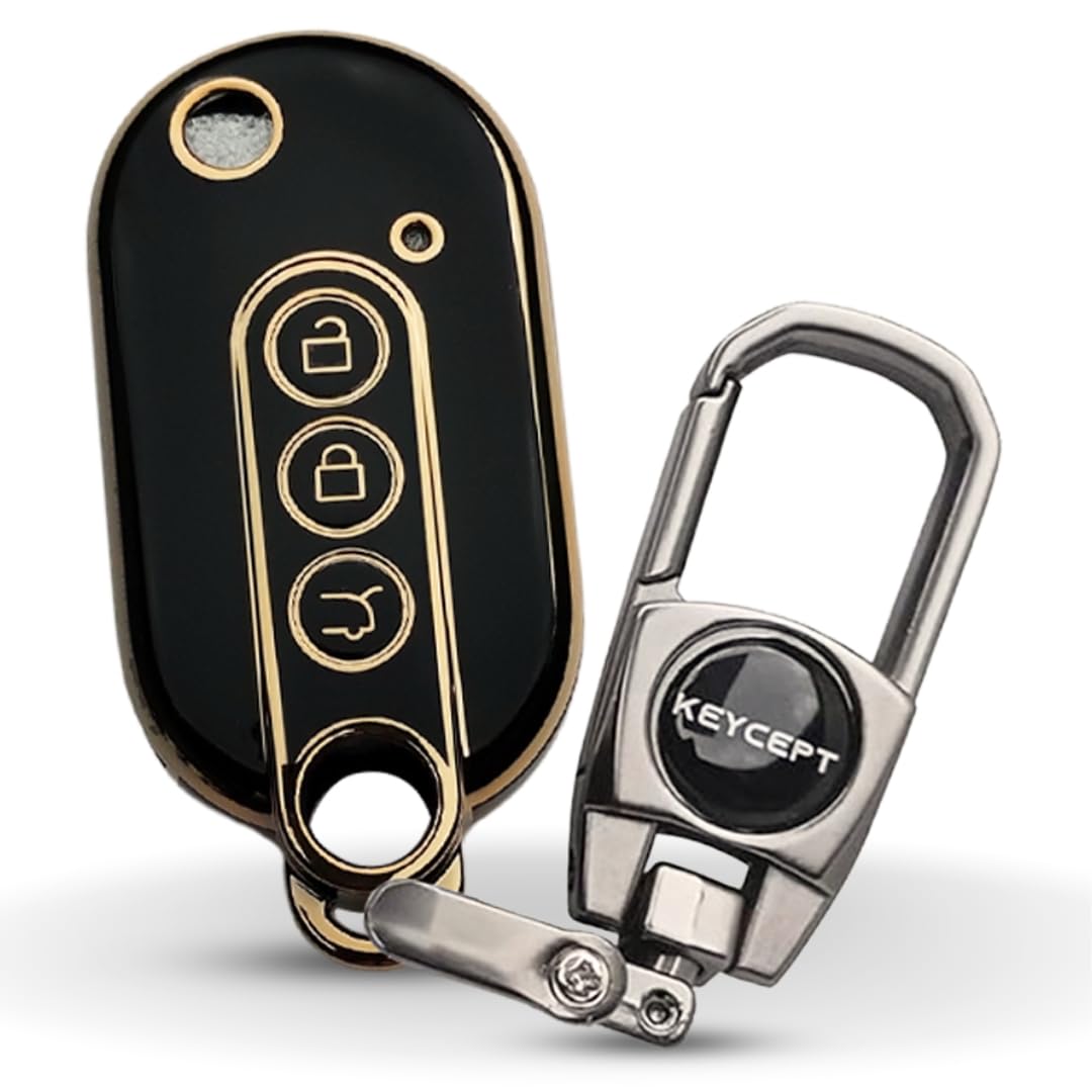 Keycept™ Gold Line TPU Car Key Cover for MG Comet EV Electric 3 Button Flip Key with Keychain. (Type 2, Black)