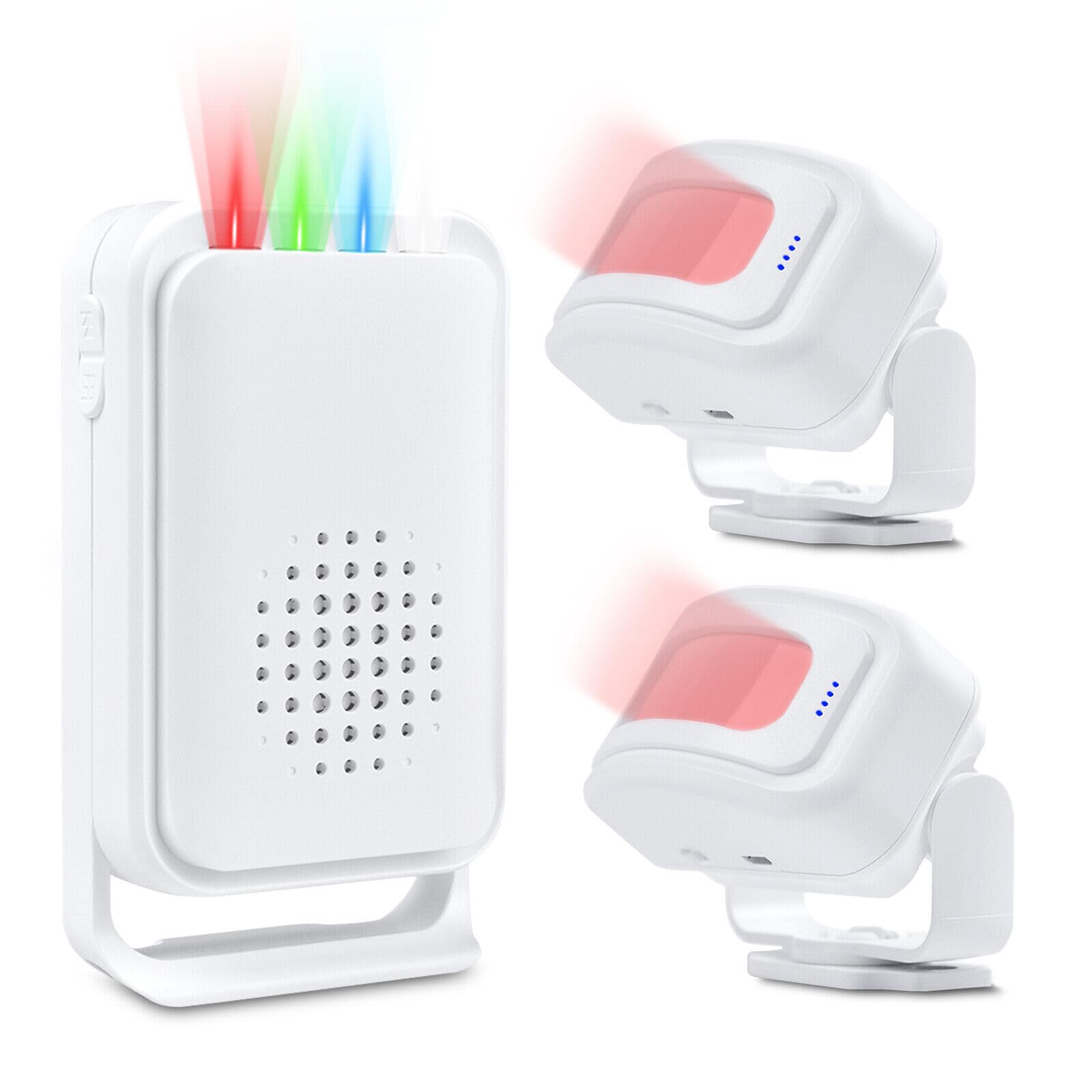 NineLeaf Durchgangsmelder,Bewegungsmelder Mit Alarm,Bewegungsmeld Wasserdicht,918ft,4-farbiges LED-Licht,17 Musik,5 Lautstärkestufen,Einfache Installation,Für Geschäfte, Büros(1Empfänger & 2Sensors)