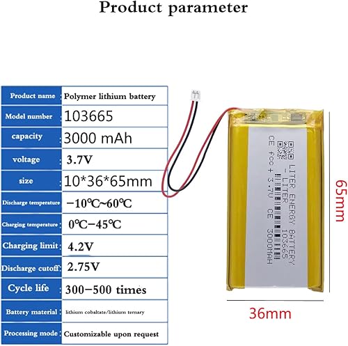 Miniatura 2 de 3.7V 103665 3000mAh batería de iones de polímero de litio recargable batería de polímero con conector JST 0.049 in para Miyoo Mini