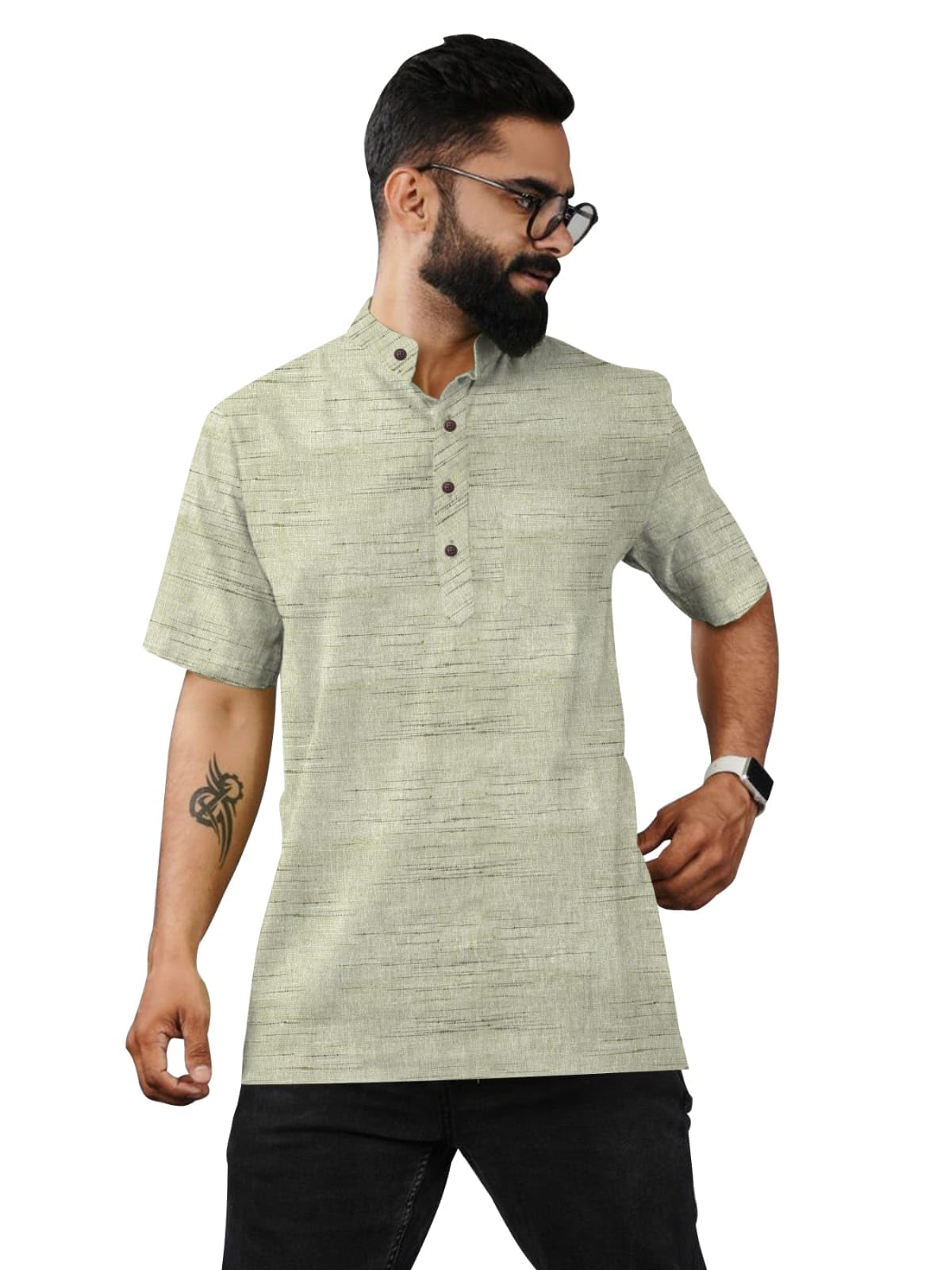 Men Short Kurta Half Sleeve Mandarin Collar | Pure Khadi Cotton Blend Linen Textured Fabric | Casual Ethnic Wear | Festive Kurta for Men-image-10