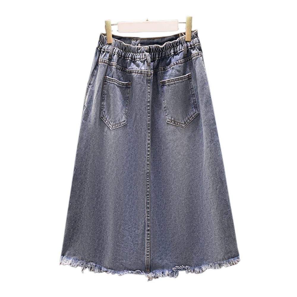Gonne,Gonna Longuette Da Donna Blu Elastico A Vita Alta Con Spacco In Denim Gonna Invecchiata Con Bordo Grezzo A-Line Increspato Plus Size Lunghezza Al Ginocchio Gonne Lunghe Per Ragazze Signore,Xl