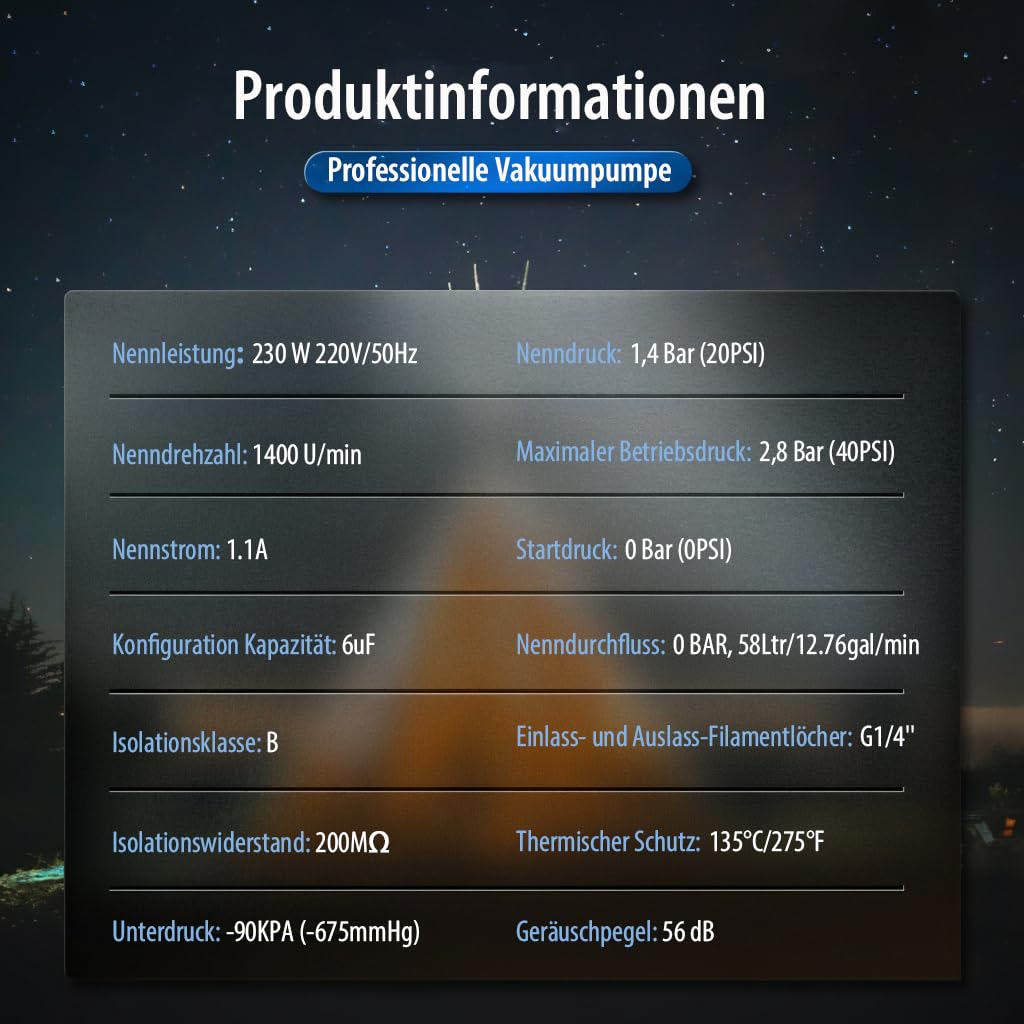 Professionelle Vakuumpumpe 230W Industrielle Vakuumpumpe ölfrei & leise (56dB) Pumpe für Kfz-Reparatur, Klimaanlagen, Labore – Max. -90KPA Vakuum / 2.8 Bar Druck, 58L/min Durchfluss