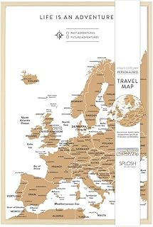Splosh Travel Map - Pin Board Europe Map in White, Wooden Frame. Travel Map Corkboard with 100 Pins in 2 Colours to Mark Your Past and Future Adventures, Europe Map Pin Board.