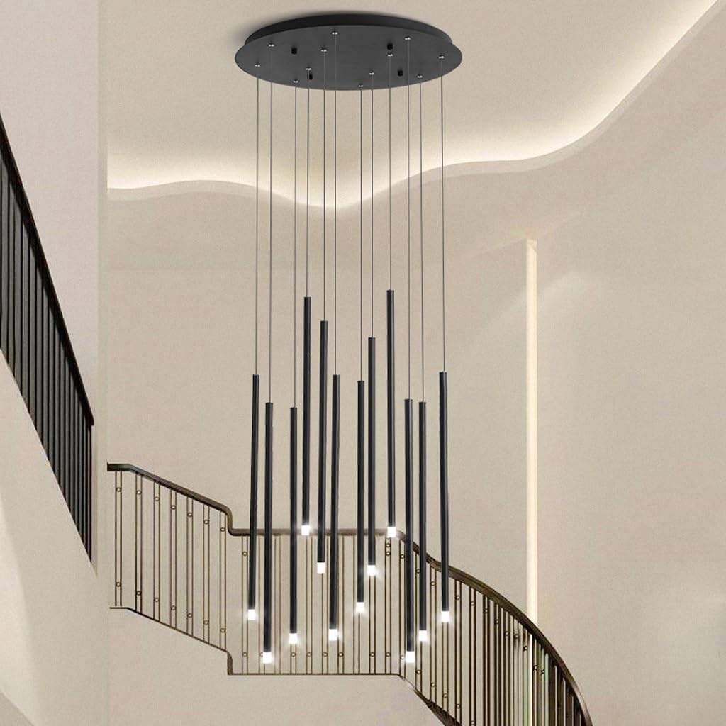 Modern 12 Heads LED Chandelier Staircase Pendant Light 24W Creative Pencil Hanging Lights Rotating Staircase Adjustable Living Room Villa Hollow Modern Stair Light Long Pendant Light,Black,1