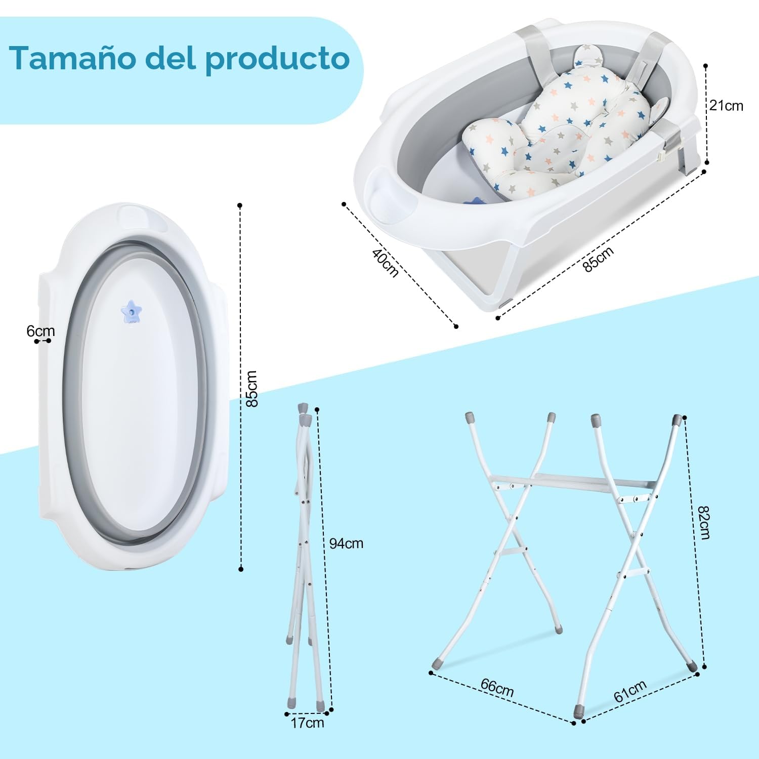 Bañera Plegable para Bebés Con Estructura y Soporte Antideslizante, Alfombrilla de Baño e Inserto para Recién Nacidos - Color Gris