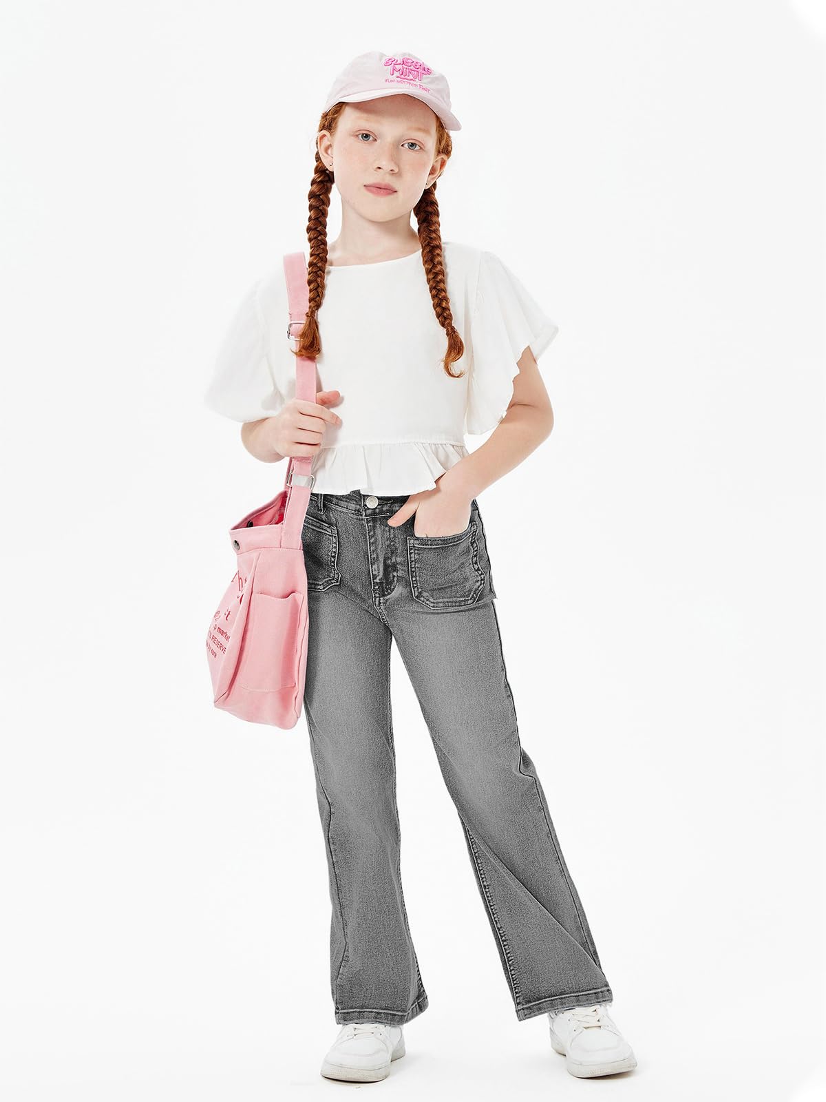 Haloumoning Jeans de cintura alta para niñas, pierna recta, elásticos, pantalones casuales con bolsillos