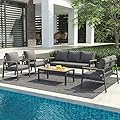 JOIVI Aluminum Patio Furniture Set 5 Pieces Outdoor Conversation Set with Teak Coffee Table & Cushions, Outdoor Patio Furniture Sectional Patio Sofa Outside Furniture for Deck, Backyard, Gray