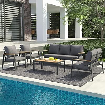 JOIVI Aluminum Patio Furniture Set 5 Pieces Outdoor Conversation Set with Teak Coffee Table & Cushions, Outdoor Patio Furniture Sectional Patio Sofa Outside Furniture for Deck, Backyard, Gray