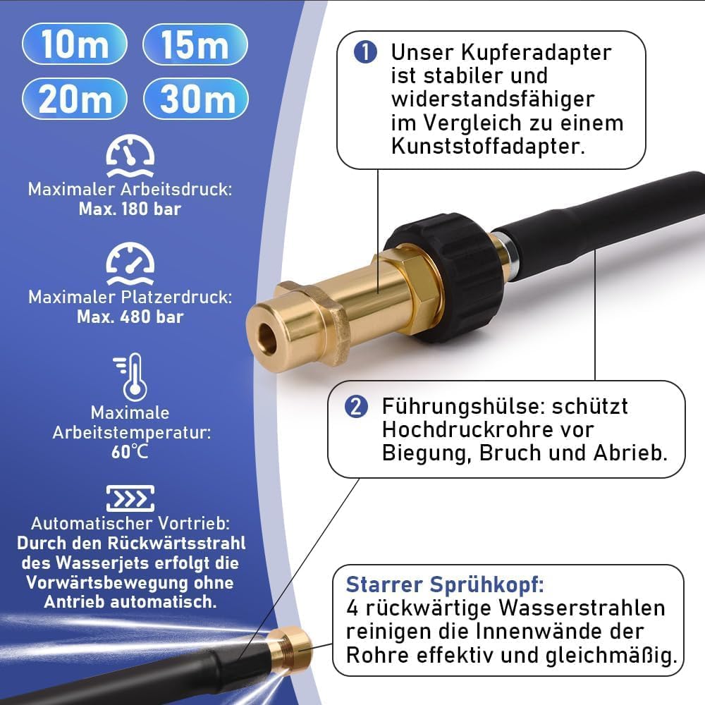 Zestaw węży do czyszczenia rur, 30 m, 180 bar, kompatybilny z myjką wysokociśnieniową K2, K3, K4, K5, K6, K7, z torbą i adapterem M22, uniwersalna myjka wysokociśnieniowa