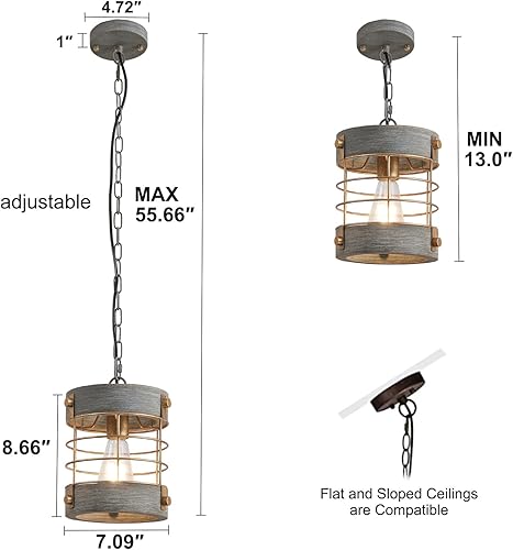Miniatura 5 de wochos Lámpara colgante de granja, lámpara colgante de jaula redonda de 1 luz, lámpara de araña de metal ajustable para isla de cocina, jaula