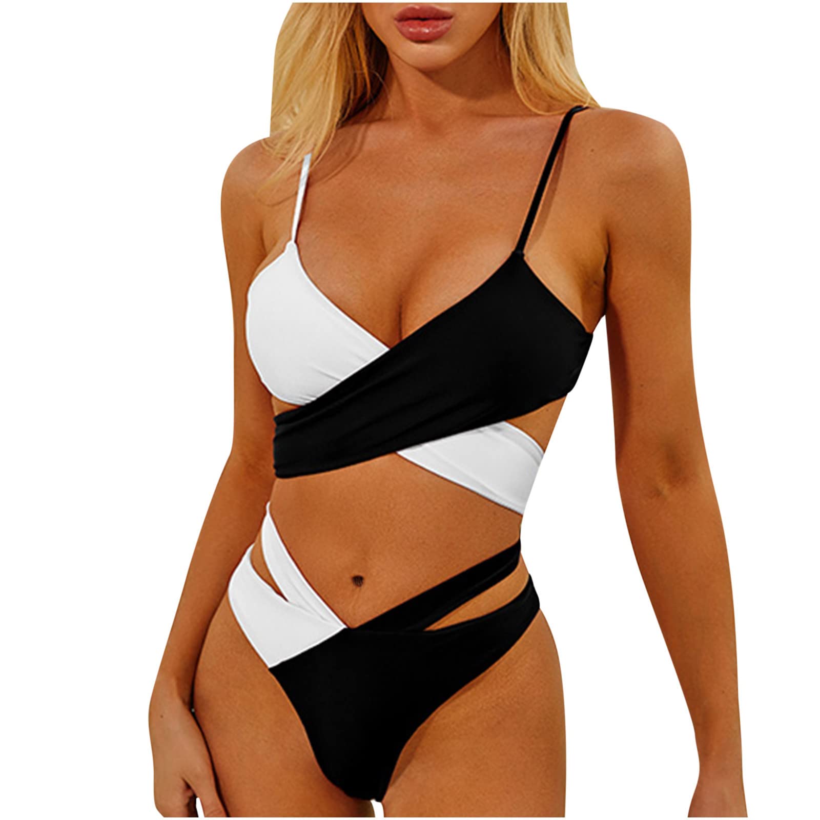 Color Block Bikini Sets for Womens Two Piece Cut Out Swimsuits Criss Cross Bathing Suits High Waist Sexy