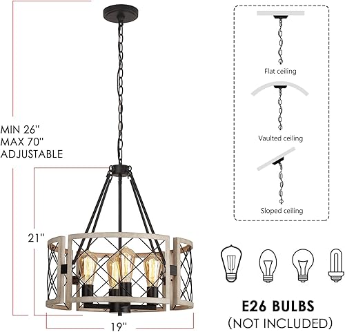 Miniatura 6 de SANTOSTOCK Lámpara de araña de granja de 19 pulgadas, 4 luces ajustables para comedor, lámpara de iluminación para isla de cocina, luces colgantes