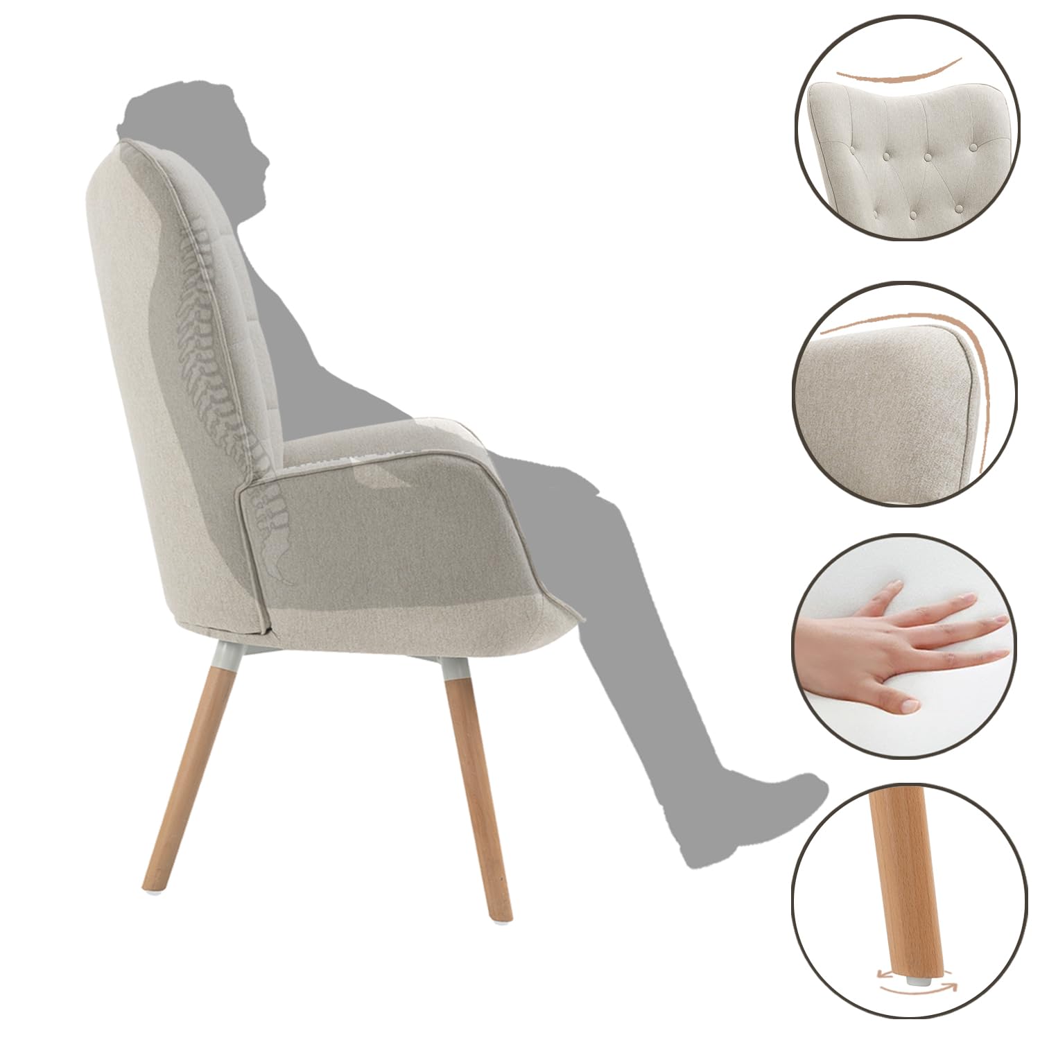 MEUBLE COSY Poltrona Imbottita Sedia da Salotto con Braccioli Poltroncina Relax in Tessuto con Schienale Alto Gambe in Legno per Camera da Letto Soggiorno