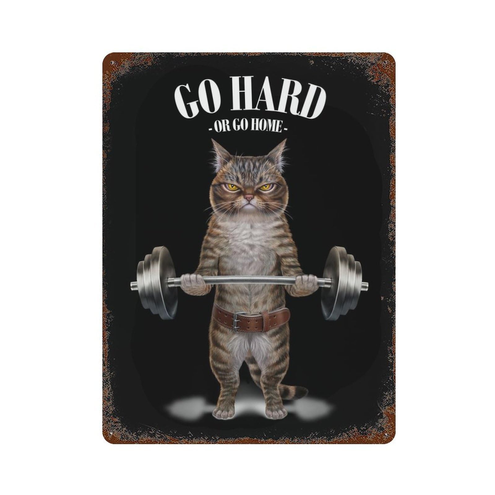 Tabby Cat Weightlifting 15.7"x11.8" Aged Metal Wall Plaque, Classic Wall Plaque for Basement, Hobby Room And Garage Decor