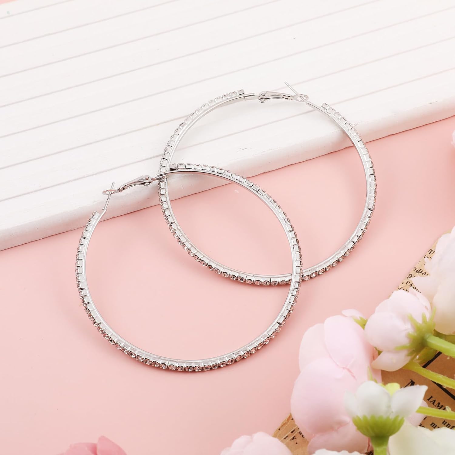 Rhinestone Hoop Earrings for Women, 70 Mm Sparkly Rhinestone Hoops Stylish Silver Rhinestones Hoop Earring Large Hoops Dangle Earrings for Women Wedding Dancing Party Appointment Decor - Image 3