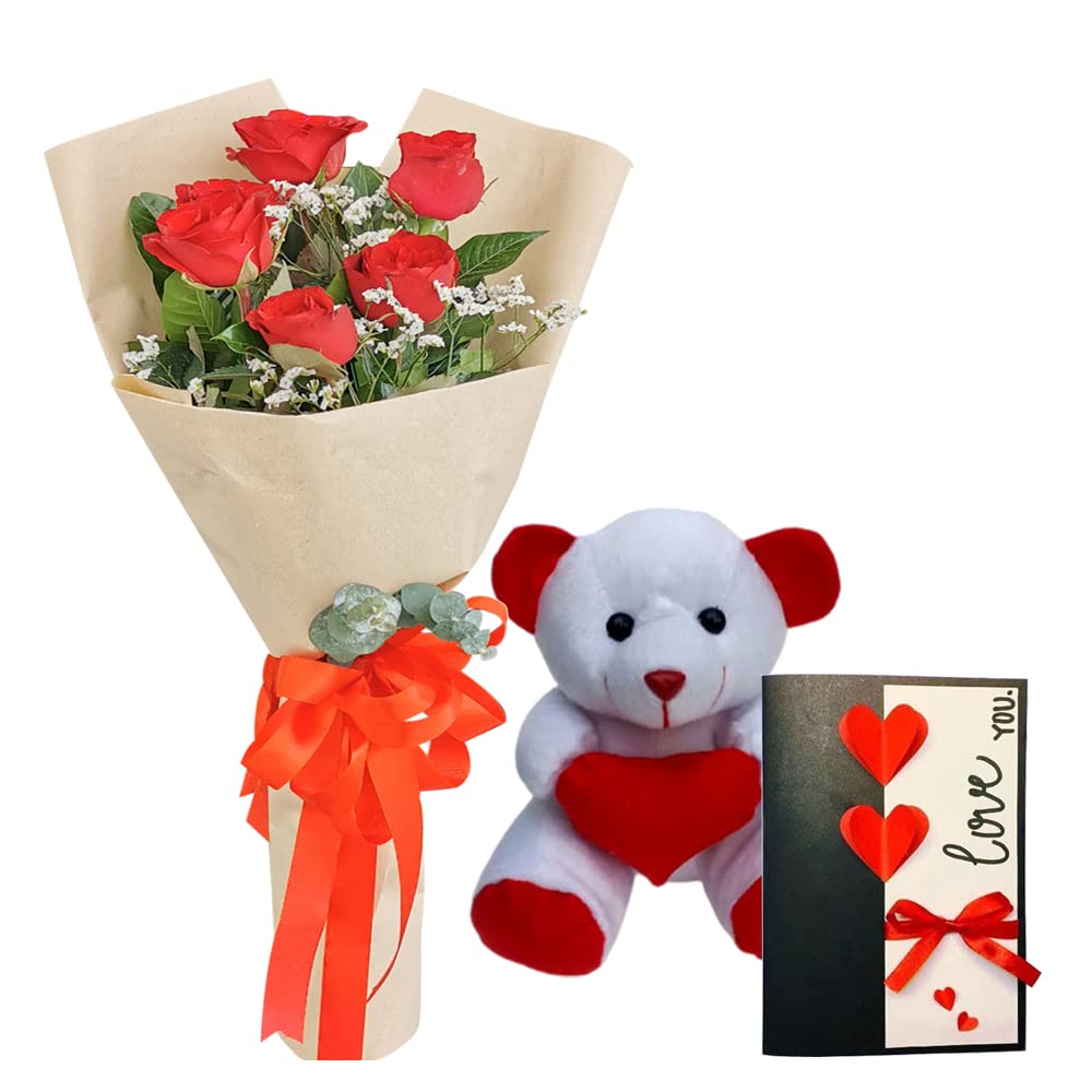 EG2i 10 Red Rose Bouquet with Greeting card and Teddy bear