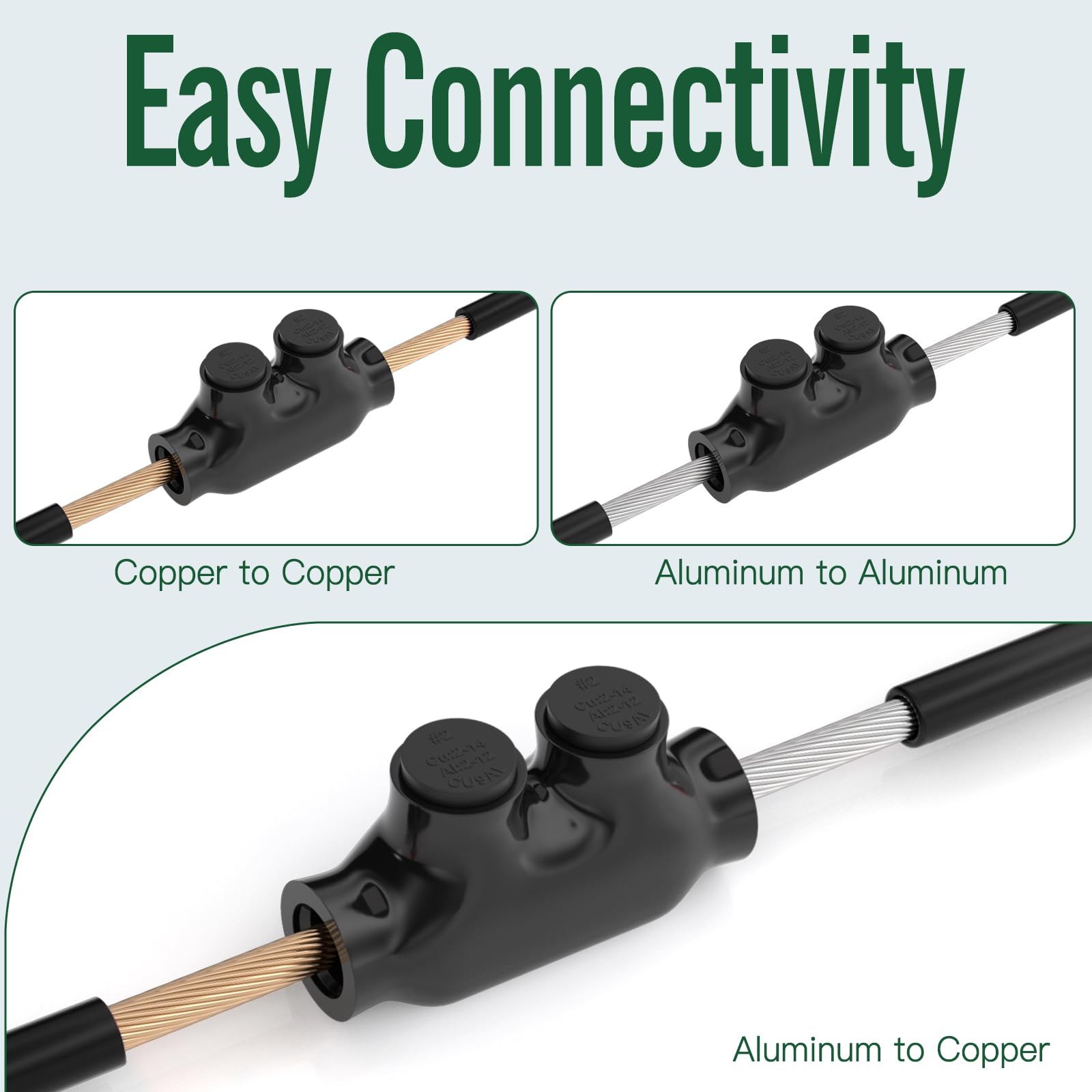 5 conectores rectos aislados de 2 puertos 2-14 AWG, conectores de empalme eléctrico, revestimiento de vinilo negro, doble clasificación para cables de cobre y aluminio