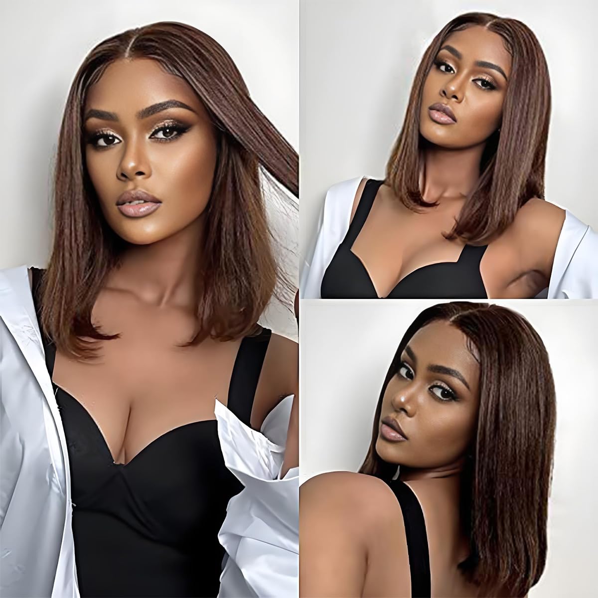 LICHANG Bob Chocolate Brown 13x4 Straight HD Transparent Lace Front Wig 200% Density 16 Inch
