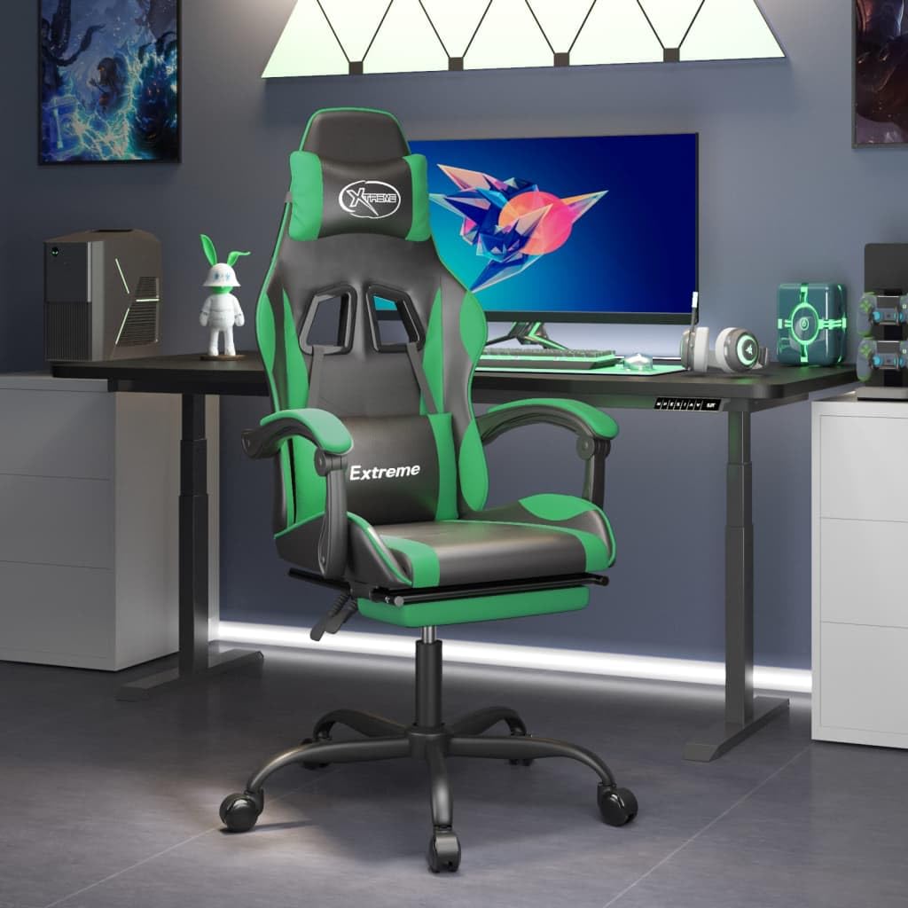 Chaise de jeu pivotante et inclinable en cuir synthétique noir et vert pour joueur sur ordinateur