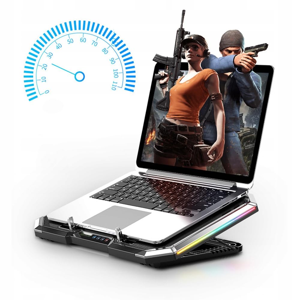 Q8 RGB LED PC Portable Refroidisseur avec 6 Ventilateurs - Support Ordinateur Portable jusqu'à 18 Pouces - Inclinaison 0-32° - Écran LCD - Fonctionnement Silencieux Environ 25dB - Alimenté par USB