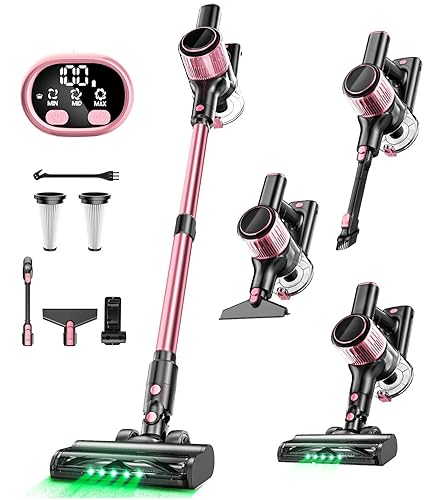 VICEASE Cordless Vacuum Cleaner, 8 in 1 Powerful Suction Lightweight Vacuum Cleaner for Home, LED Display, 3 Suction Modes, 45Mins Detachable Battery Vacuum for Hard Floor Carpet Pet Hair, Pink - Pink