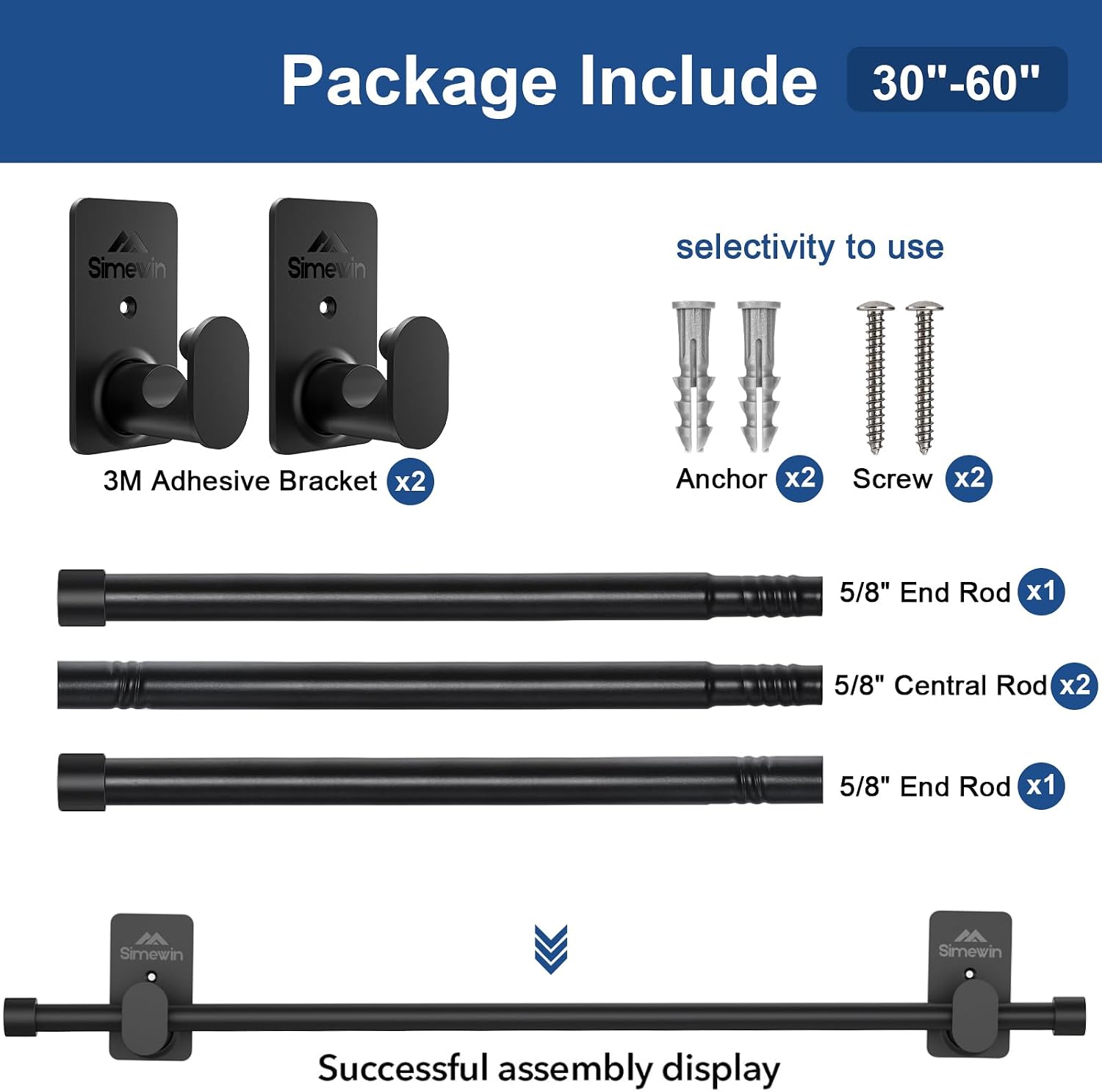 SIMEWIN Curtain Rods No Drilling for Windows 30 to 60 Inches, 5/8 Inch Diameter No Drill Small Curtain Rod Set with 3M Adhesive Brackets, Black