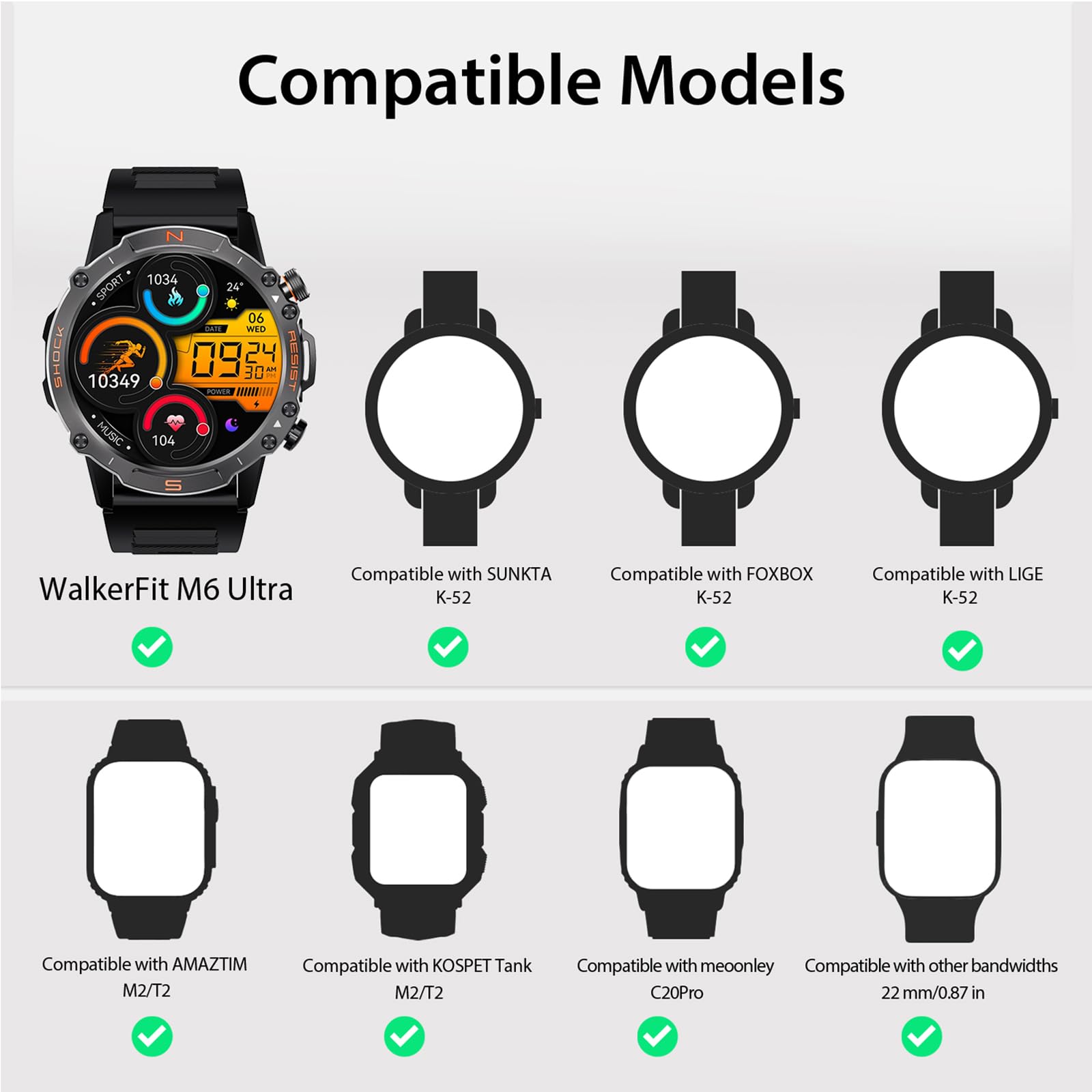 Smart Watch Band 22mm 2 Pack, for AMAZTIM Smart Watch Bands Replacement M2/T2, Compatible with SUNKTA K-52, TPU Sports Straps Bands, Adjustable Wristband, Men Camouflage Black Smartwatch Band