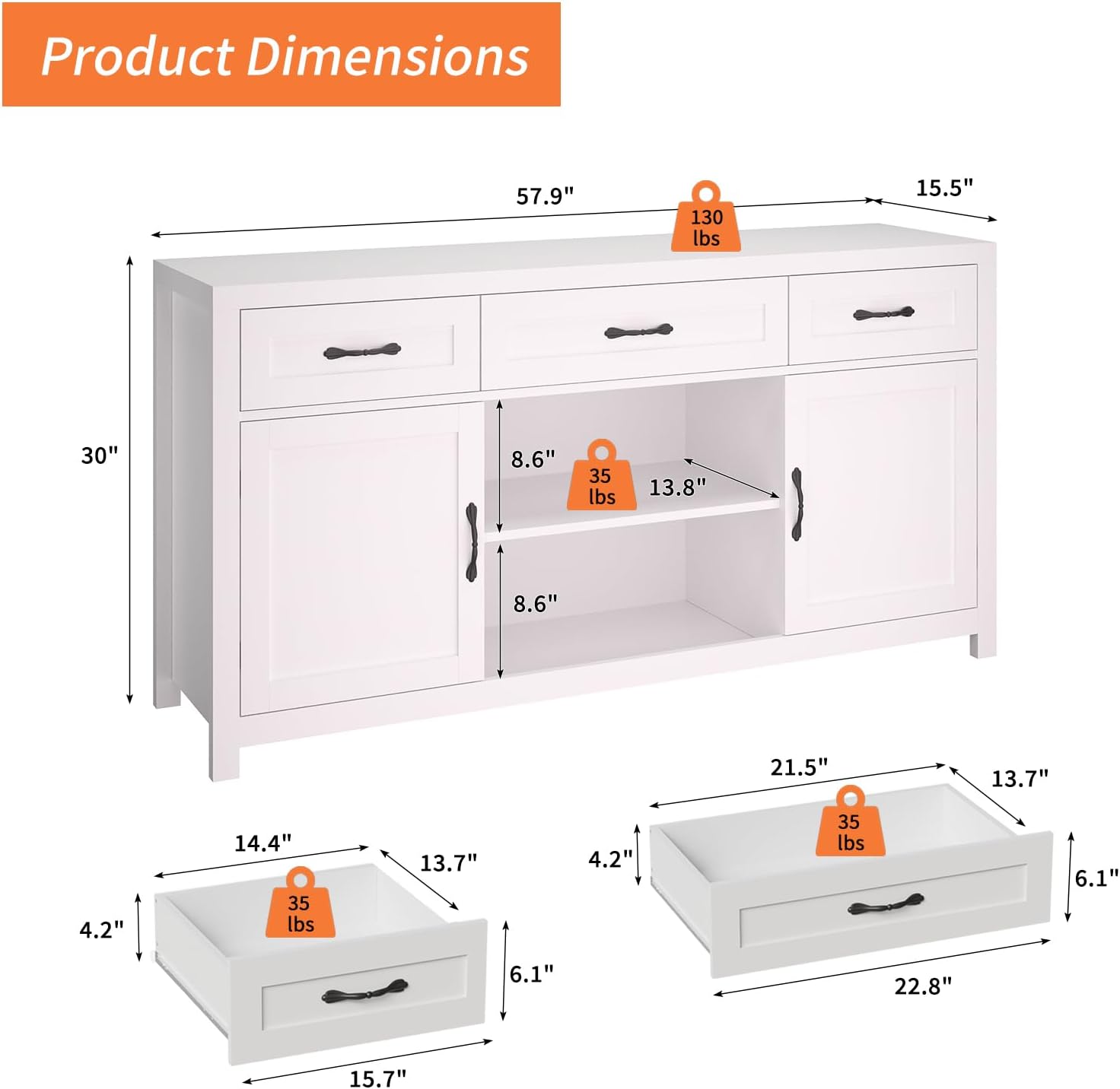 Farmhouse TV Stand for 55 Inch TV, TV Console Table Entertainment Center with Doors & Vintage Handles & Adjustable Shelf, Media TV Console Table for Living Room, White