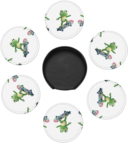 Miniatura 7 de Drink Coasters Set of 6, Skateboard Printed PU Leather Round Coaster with Holder for Outdoor, Office, Bar, Funny Heat-Resistant Home Desk Decor