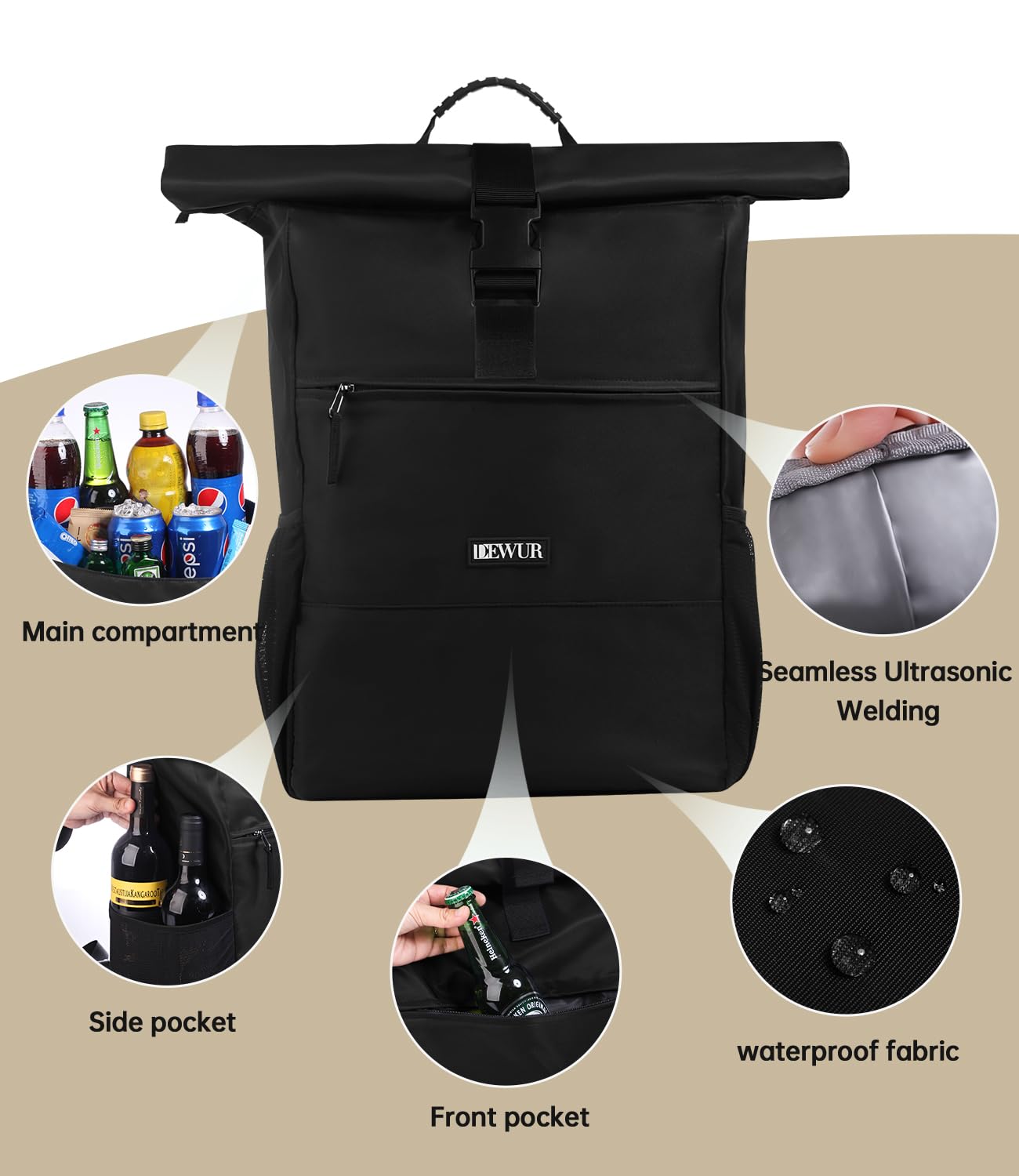 DEWUR 35L Thermo Rücksack Kühlrücksack Kühltasche Wasserdichter Picknickrücksack mit Flaschenöffner für Picknick Camping Strand Wandern Reisen Einkaufen