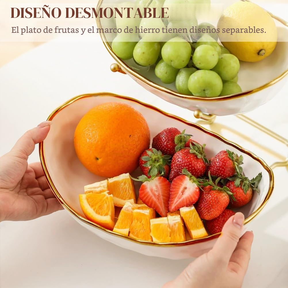 Frutero de cerámica de 3 capas con estructura de metal, soporte elegante para servir frutas, verduras y aperitivos, cuenco decorativo para cocina y salón (tres capas blancas)