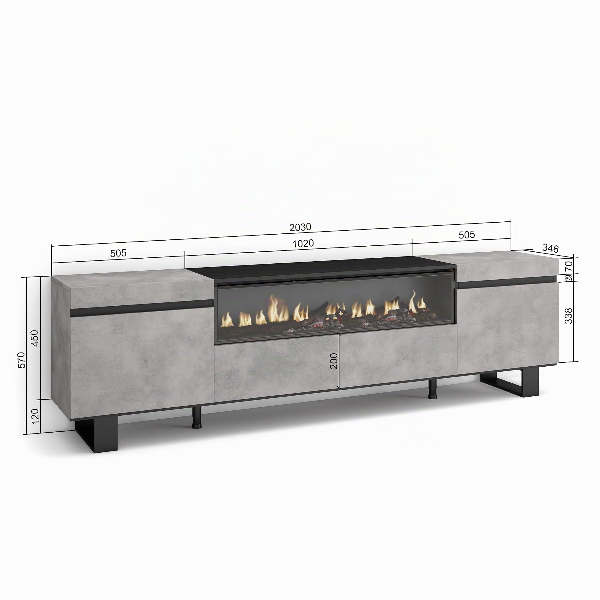 Skraut Home | TV-Schrank, Lowboard | für Wohnzimmer und Esszimmer | 200x57x35cm | Für TV-Geräte bis zu 80" | Elektrokamin. Maße | Industriedesign | Moderner Stil | Zement