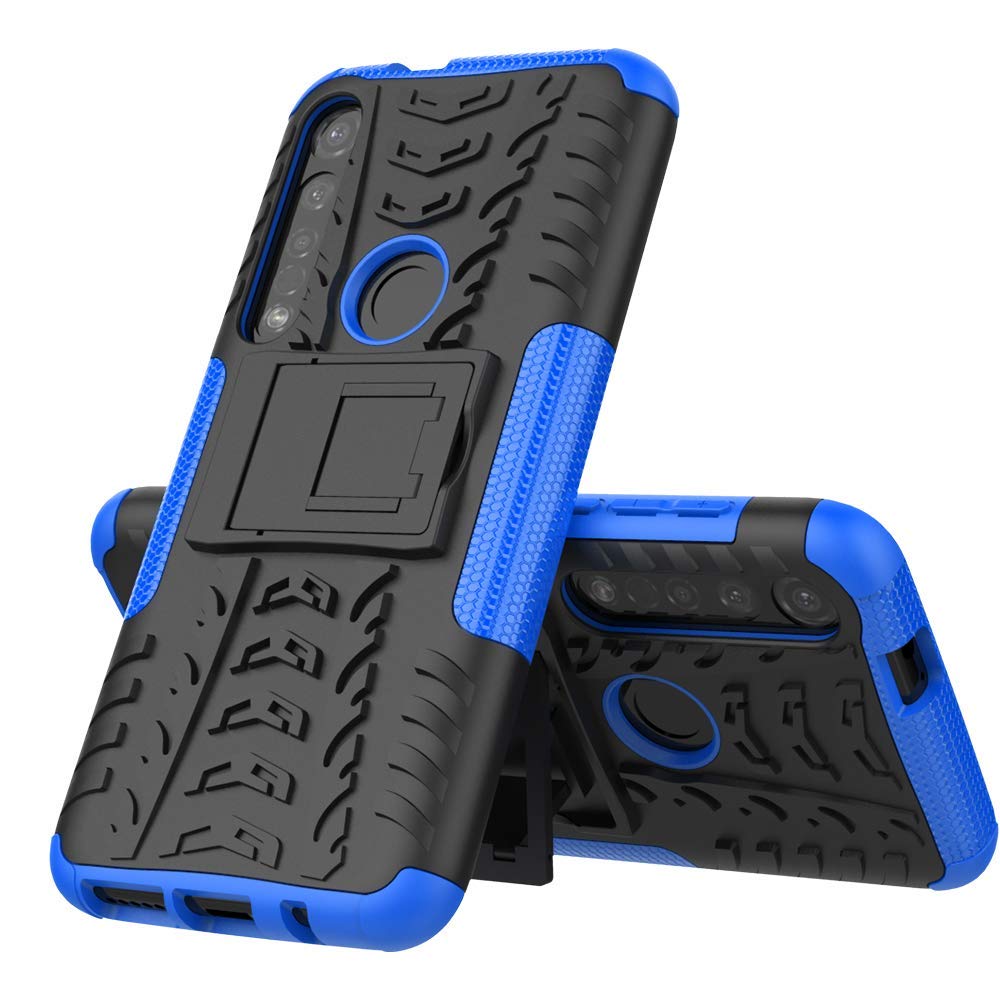 Newlike Moto One Macro Shock Proof Duel Layer Hybrid Armor Back Cover Case with Kickstand Wheel Pattern for Motorola One Macro/Moto G8 Play (Blue)
