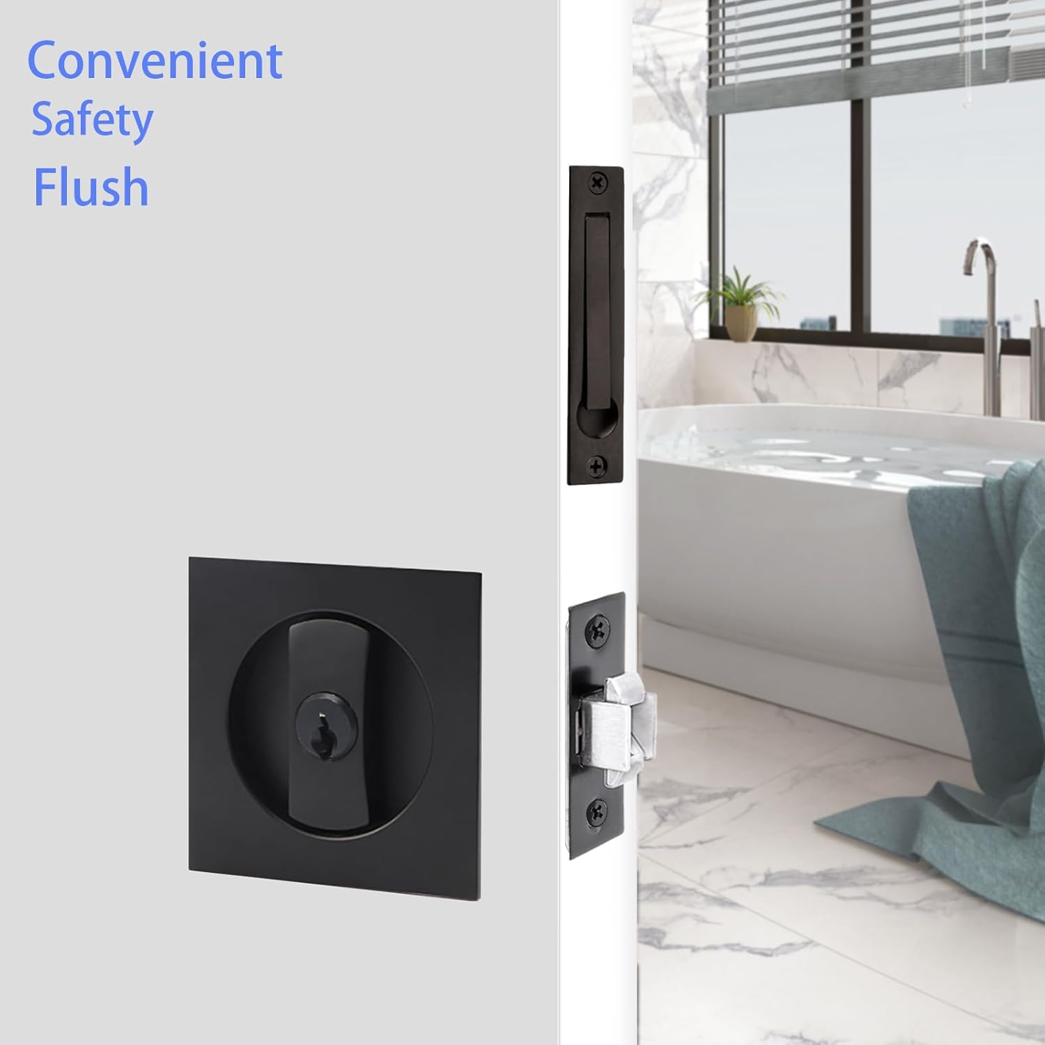 Dontay Keyed Pocket Door Lock with Pull Handle,Flush Mount Recessed Knob,2-3/8 inch Backset,Square Bed Bath Hardware Fit Sliding Barn Interior Door Thickness 1-3/8 to 2-3/16 inch(Matte Black,1)