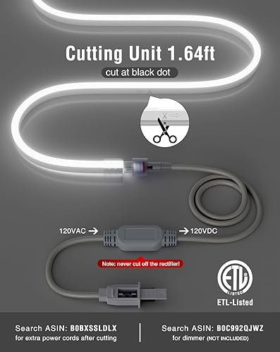 Miniatura 3 de Shine Decor Tira de luces LED de neón de 65.6 pies, brillante 6300K blanco frío AC110V-120V, tira de luz de neón de 0.315 x 0.630 in, cortable,