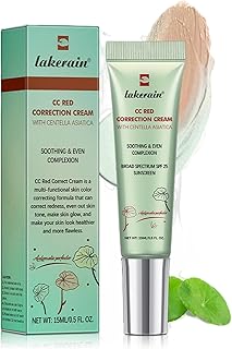 Corrector CC rojo crema con centella, corrector de enrojecimiento para manchas faciales, piel roja, marcas de acné, cobertura media, corrección de color, crema CC ligera y protección SPF (paquete de 1