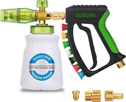 DUSICHIN Short Pressure Washer Gun with Foam Cannon,4000 PSI Power Washer Foam Blaster 1/4 Quick Connector,Car Wash Foam Gun Snow Foam Lance with 7 Pressure Washer Nozzles for Car Washing DUS2903