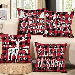 Christmas Cushions Covers Set of 4 Red Black, Christmas Decorations, Plaid Linen Throw Pillow Covers, Xmas Cushion Covers for Sofa Couch Home Living Room Decorations, Xmas New Year Gift, 18*18inch