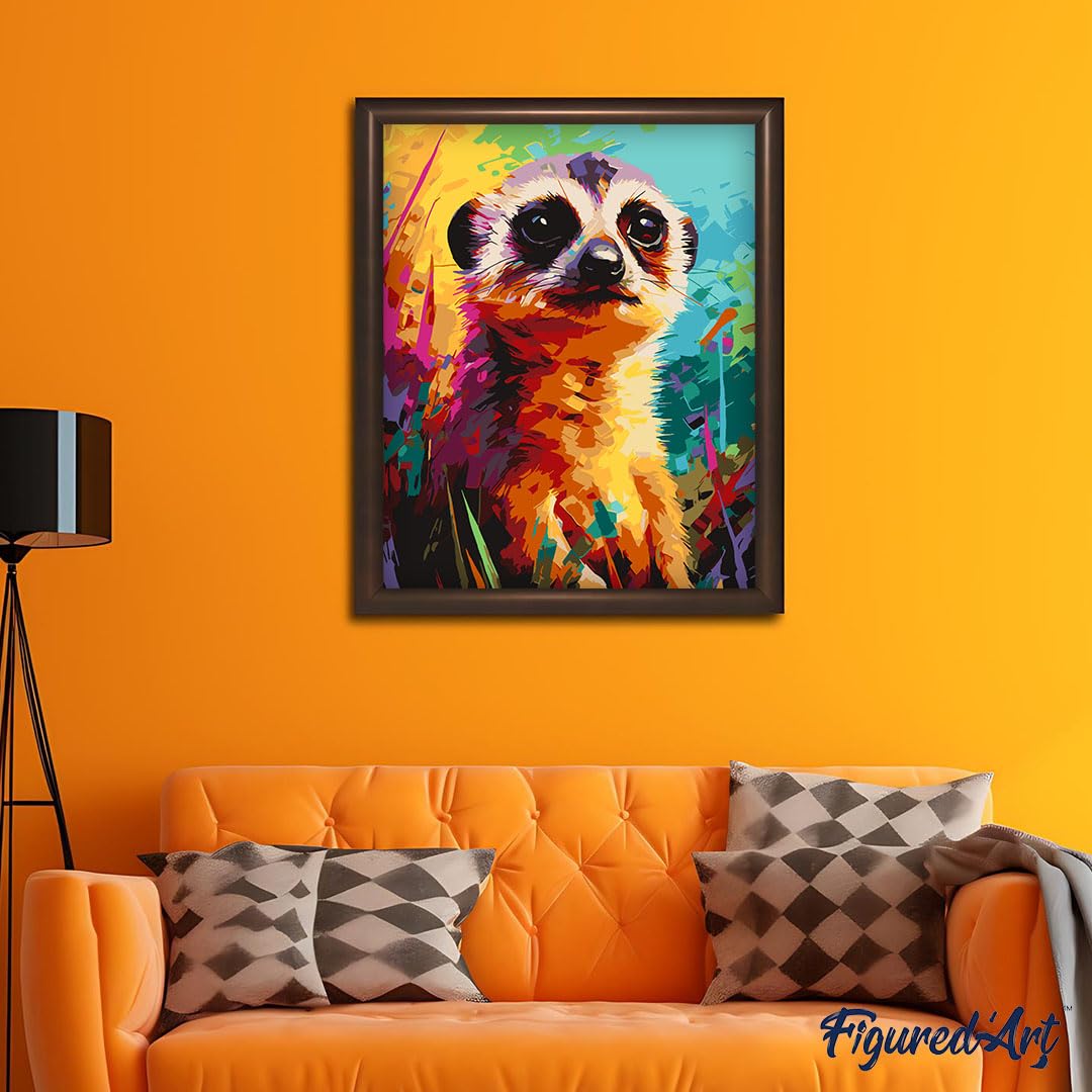 Figured'Art Peinture par Numéro Adulte avec Cadre Suricate Coloré Abstrait - Activité Manuelle Kit de Loisir Créatif DIY Numéro d'Art Complet Animaux - 40x50cm toile tendue sur châssis