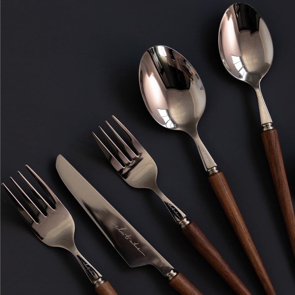 Luxury Silverware Flatware Set with Wooden Handle, 30/40/50/60 Pieces Creative Knife Fork and Spoon Set, Stainless Steel Steak Knives Dessert Fork Spoon for Home Kitchen Gift