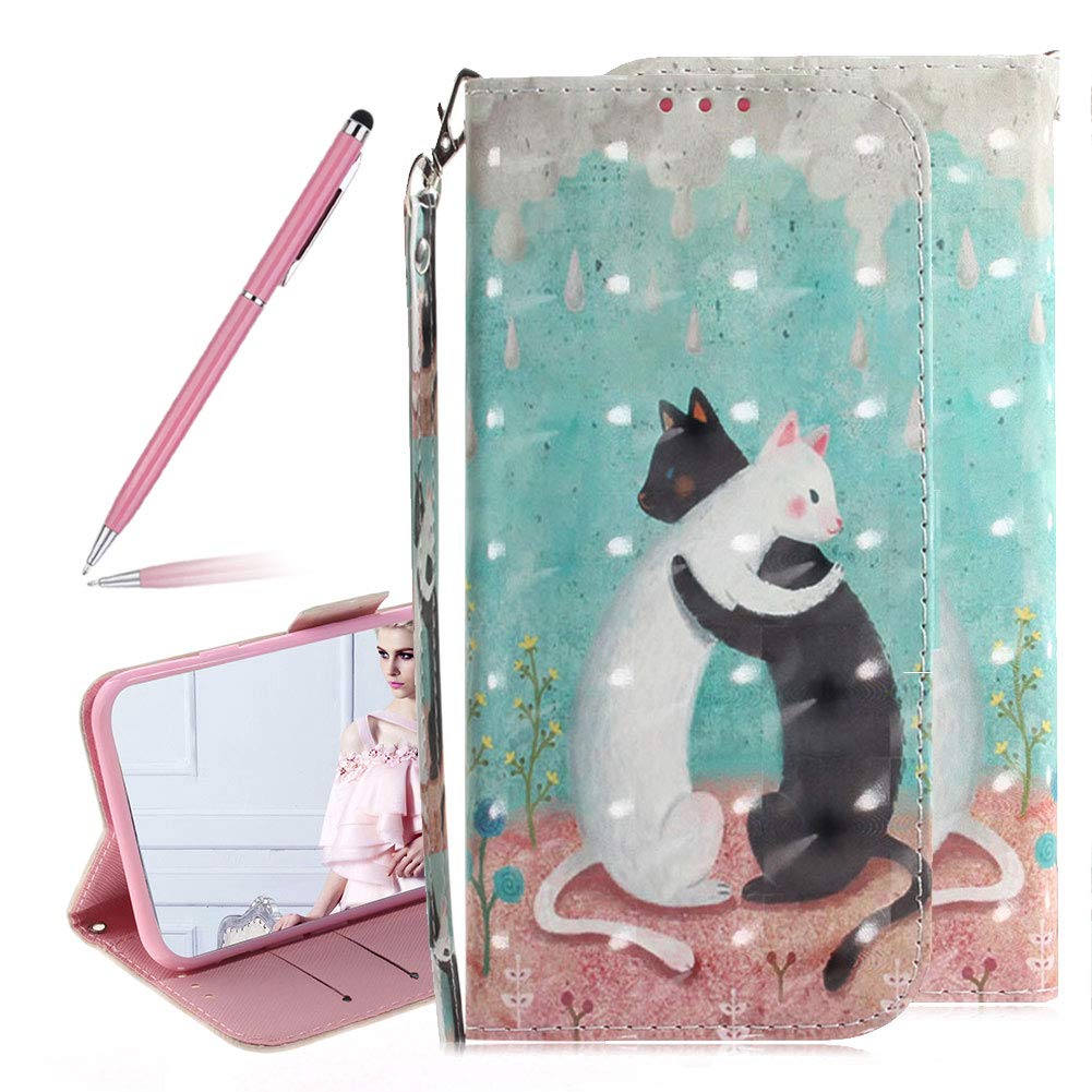 3D Colorful Painted Black and White Cat Pattern Soft PU Leather Case for Huawei Mate 20 lite,SKYXD Luxury Shiny Flip Wallet Magnetic Closure with Kickstand Feature Case with Wrist Strap