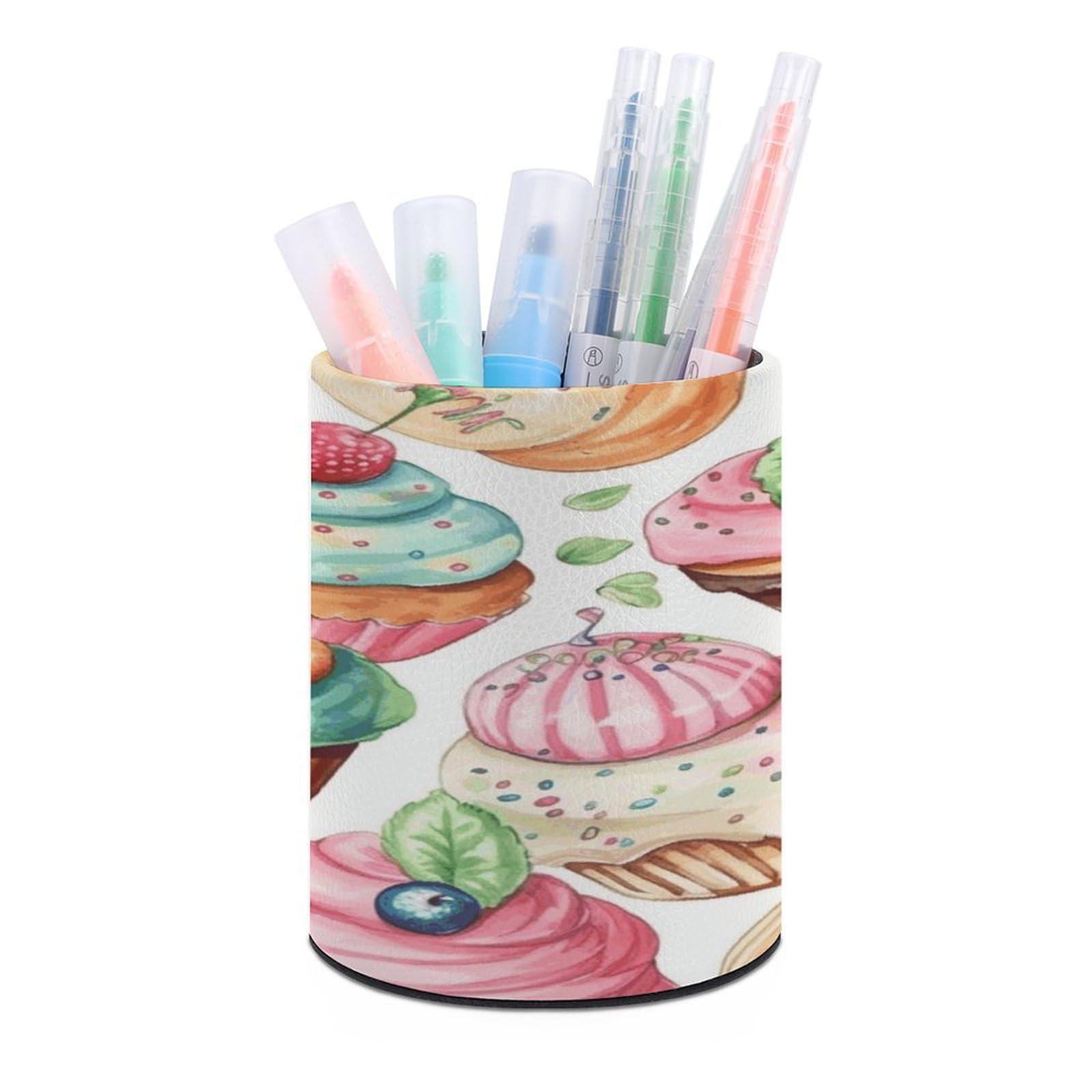 VstaDank Cupcakes Donuts Muffins Sugar Pen Holder Leather Pencil Cup Round Pencil Holder for Desk Organizer Personalized Pen Cup Fashion Pen Organizer Makeup Brush Holders for Office Home&Gift