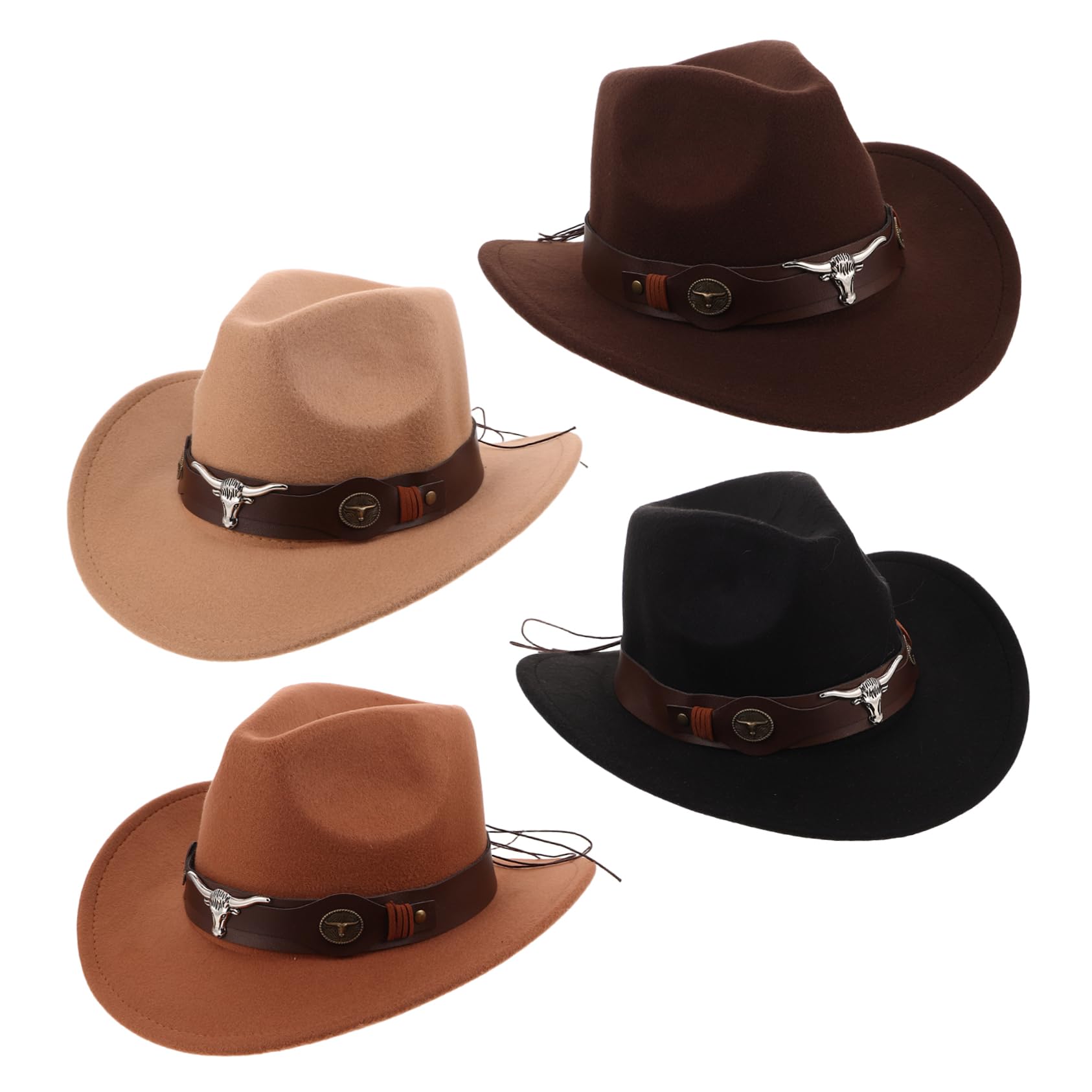 BESPORTBLE 4pezzi Cappello Western Uomo Donna in Morbido Panno di Fibbia Regolabile con Ampia Falda per Protezione Solare e Accessori Country per Feste e Eventi all Aperto