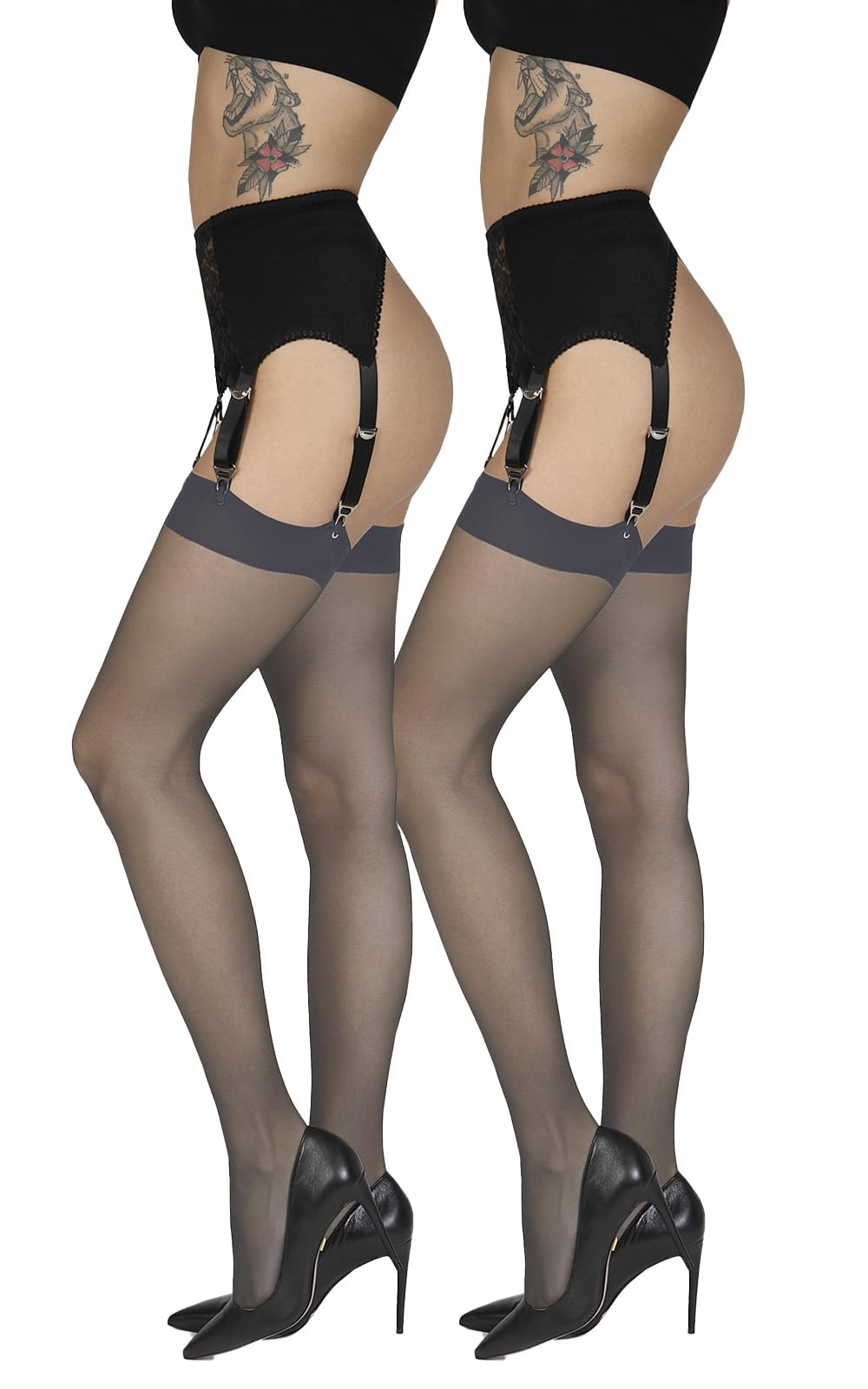 Annes styling Womens Plain Thin Suspender Stockings for Suspender Tights for Garter Belt 20 DEN Plain Top Sheer Stockings, Grafit XL/XXL, 2-Pack