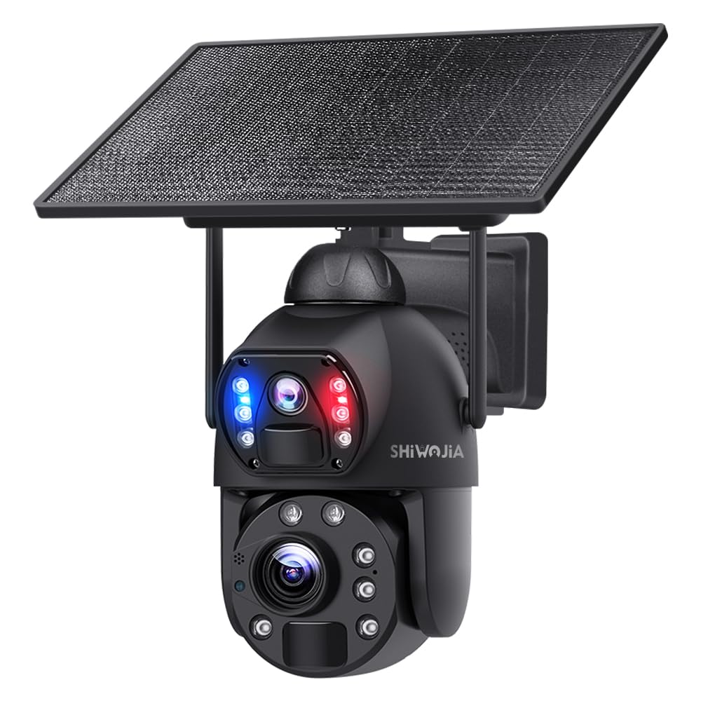 SHIWOJIA 6MP Solar Security Cameras Wireless Outdoor, 36X Zoom [24/7 Record] Solar Powered Surveillance Camera, 2.4G WiFi Camera with Spotlight Color Night Vision, Motion Sensor Alarm, IP66-Black