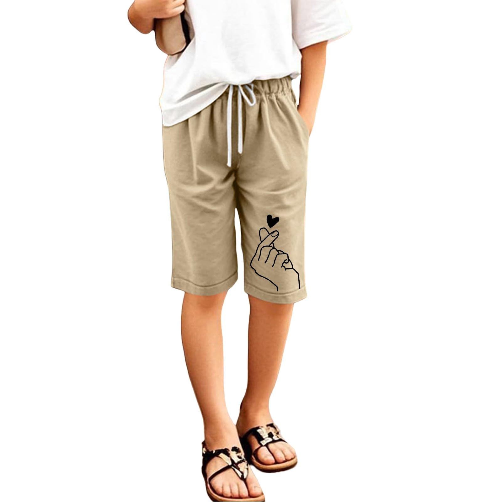 Generisch Leinenhose Kurze Mädchen Leicht Shorts Sommer Freizeit Hose Baumwolle Leinen Strandshorts Elastische Taille Sommerhose Elegant Einfarbig Stoffhose mit Taschen Sweatshorts